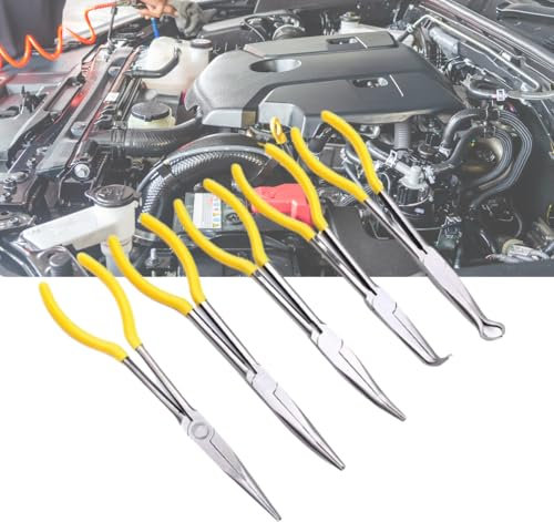 11 Inch Long Nose Pliers Set, Runiash 5 Pack Long Reach Needle Pliers Straight, 25 Degrees, 45 Degrees, 90 Degrees Bent Nose Pliers, Circle Pliers for Narrow Areas Mechanics Work Repair