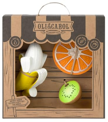 Oli & Carol Baby Geschenkset: 3 Silikon Beißringe (Ana Banana, Clementino Orange, Jose Antonio Kiwi) in Orange