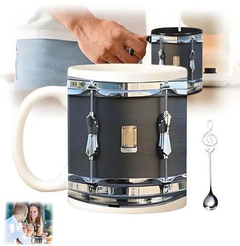 Taza de tambor vintage negra, regalos divertidos de batería, taza de café de batería de nueva creatividad 2025, taza de batería de 11 oz, taza de cerámica, cucharas de notas musicales for regalo de ba