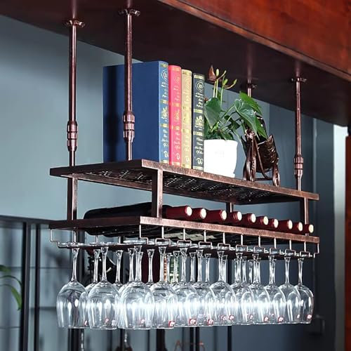 Deckenregal Weinregal Hängend Bar Regal Wand, Retro Eisen Bar Dekoration, Weinregal Hängend Decken Gläserhalter Höhenverstellbare Hängendes Regal für Küche, Schwarz, Bronze(Bronze,59*11.8in/150*30cm)
