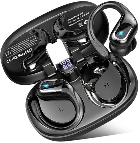 Wireless Earbuds, 2025 Bluetooth 5.4 Headphones Sport, 75H Stereo Wireless Earphones with 4 ENC Noise Canceling Mic, IP7 Waterproof Ear Buds with Earhooks, LED Display Wireless Headphones for Running