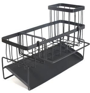 HO2NLE Kitchen Sink Caddy Organizer with Detachable Rod and Chopsticks Holder Versatile Sink Sponge Holder Sink Storage Rack with Self Draining Tray Corner Rack for Kitchen Bathroom Black