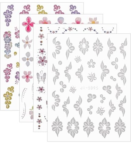 4 Sheets Flower Nail Art Stickers, 5D Embossed Floral Nail Decals 3D Colorful Spring and Summer Flowers Butterfly Nails Art Decoration for Women Girls