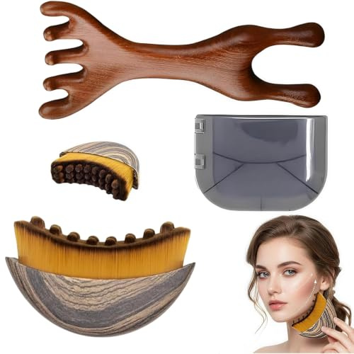 2-teiliges Set Lymphdrainage Bürste Gesicht & Sandelholz Massagekamm | Lymphatische Gesichtsbürste zur Konturierung, Gua Sha Augen- und Nackenpflege, Inklusive Aufbewahrungsbox