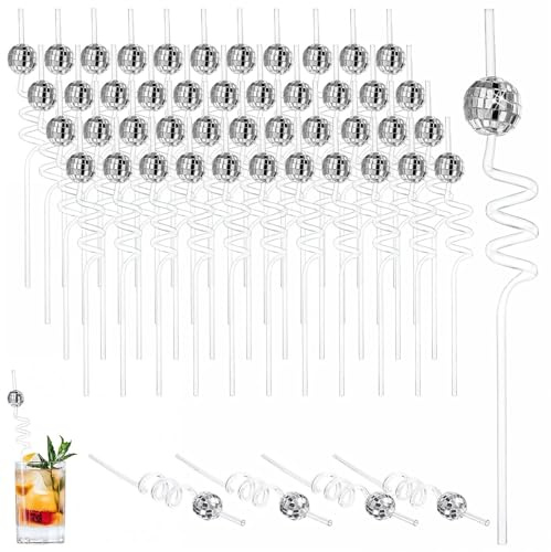 48 Pcs70s Disco Ball Straw Glitter Mirror Disco Ball and Silver Plastic Bride Straws for 1970s Retro Theme Bachelorette Party Decorations Birthday Supplies