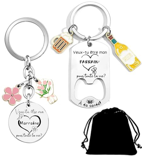 QTZXZX Cadeau Parrain Marraine bapteme Parrain Marraine Porte Clé Annonce Parrains Marraines Cadeaux Porte Clef Porte-clés comme Cadeau Baptême pour Parrains Marraines Demande