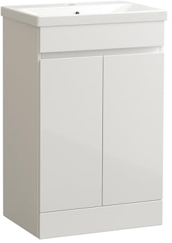 The Home Store 500mm Gloss White Waterproof Vanity Unit with Basin - 2-Door Handless Cabinet Slotted Basin Internal Storage Shelf