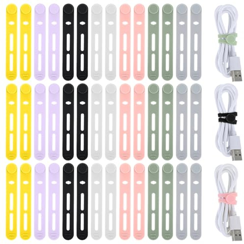 42 PCS Silicone Cable Ties Reusable, Colorful Silicone Reusable Cable Ties Data Cables Organizer for Office, Multipurpose Elastic Cables Zip Wire Tie for Bundling Fastening Earphone Phone Charger Home