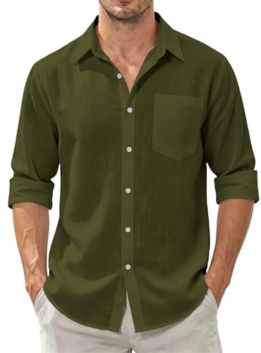Dybycit Men's Cotton Linen Shirts Long Sleeve Regular Fit Lightweight Solid Color Summer Beach Shirt Military Green