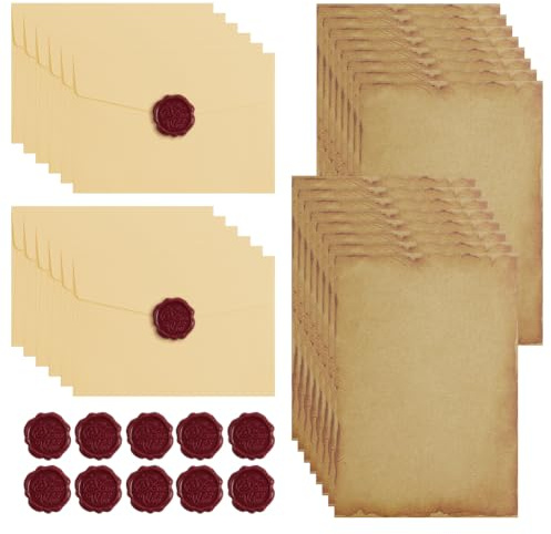 AOOSU Vintage Briefpapier mit Umschlag, 40 Stück Briefumschläge Briefpapier Set mit 16 Blatt A5 Briefpapier Kraft, 12 Leinenumschlag Umschlägen und 12 Wachssiegel, für Einladung und Liebesbrief