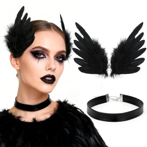 MWOOT Schwarze Federhaarspange für Damen, Federhaarschmuck, Engelsflügel Federn Haaraccessoires mit Leder Halskette für Halloween Dekoration, Krähenkostüm, Karneval, Cosplay Party