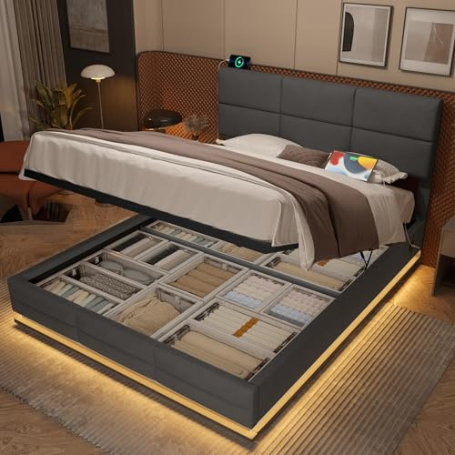 MARSBIRD Polsterbett 160x200cm mit Stauraum, Doppeltbett Bettrahmen mit LED und Zweiseitige USB/Type-C-Ladefunktion, Bettgestell mit verstellbarem Kopfteil, mit Lattenrost Ohne Matratze, Grau