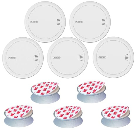 ABUS Rauchmelder Prefira 5 - Set mit 5 Rauchwarnmeldern zur Klebemontage - austauschbare 5-Jahres-Batterien, große Prüftaste und Fehlalarm-Reduzierung - 5er Pack inklusive Klebepad mit Magnet