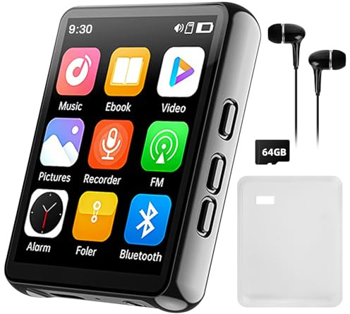 128GB MP3 Player mit Bluetooth -Tragbarer Musikplayer mit Lautsprecher, MP3 & MP4 Player, 2.4 Full Touch Screen, FM Radio, Recorder, HiFi Sound, Kopfhörer inklusive