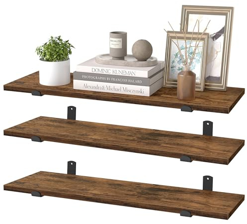 SONGMICS Wandregal, Schweberegal, dekorativ, 3er Set, 20 x 60 x 7 cm | Moderner Stil, für Schlafzimmer, Wohnzimmer, Esszimmer und Küche, bis zu 10 kg belastbar, vintagebraun-mattschwarz