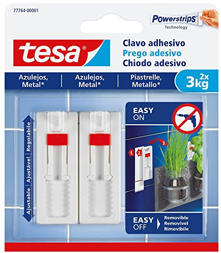 tesa 77764-00001-00 Klebehaken, verstellbar, für Fliesen und Metall (3 kg)