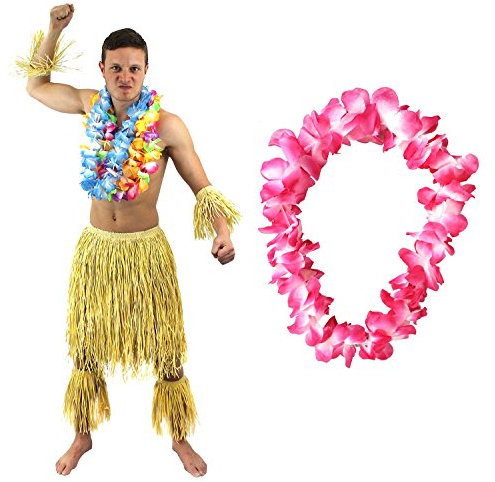 I LOVE FANCY DRESS HAWAIIANER SÜDSEE ZULU KÄMPFER KOSTÜM VERKLEIDUNG=6 TEILIGE=1 ROSA LEI/BLUMENKETTE+2 BEIN STULPEN+2 ARM STULPEN+BASTROCK=HÜFTUMFANG UNGEFÄR -76-137cm+LÄNGE UNGEFÄHR - 58cm
