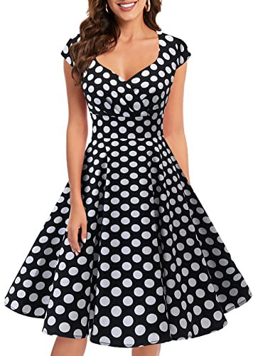 bbonlinedress 1950er Vintage Retro Cocktailkleid Rockabilly V-Ausschnitt Faltenrock Black White BDot L