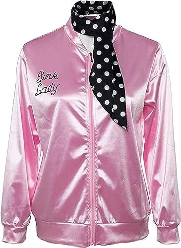 Women Ladies Costume 50s Sandy Pink Satin Jacket with Neck Scarf Halloween Costume Fancy Set,M