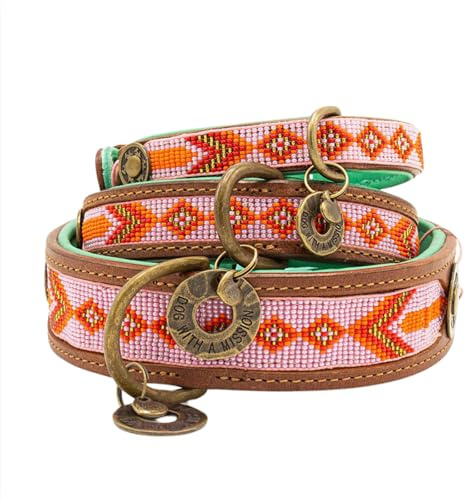 Dog with a Mission - Hundehalsband L | Farbenfroh Rosa, Orange mit Perlen | Boho, Ethno, Ibiza, Hippie | Große Hunde | Handgemacht | Modisch und Bunt | Aus weichem Echtes Leder | 4 cm Breit