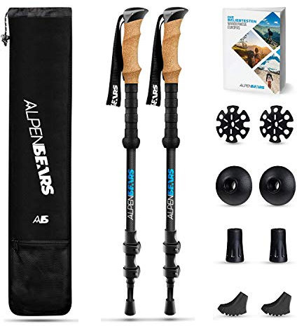 Alpen Bears Wanderstöcke Carbon - Extra leicht & mit Echt Kork Griff - Teleskop Wanderstock mit Gummipuffer Set - Besonders Langlebig - Trekkingstöcke perfekt als Nordic Walking Stöcke Damen Herren