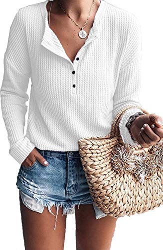 WNEEDU Women's Long Sleeve Tops Waffle Knit T-Shirts Loose V Neck Tunic Henley Shirts Button Up Blouse White