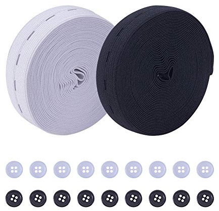 NBEADS 2 Rollo de 20 mm (5.46 Yardas/Rollo) Banda Elástica de Goma Plana con 20 Botones de Resina PC, Springy Stretch Knitting Costura Bobina Elástica Bandas Elásticas, En Blanco Y Negro