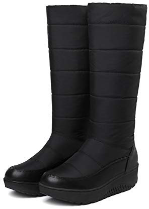 DYHQQ Botas de Nieve de Invierno para Mujer Botas de cuña Forradas con Forro Polar cálido y Resistente al Agua Botas de Media Pantorrilla Sin Cordones,Negro,38