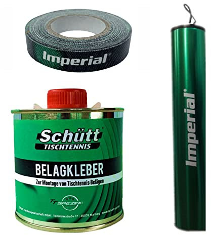 Schütt-Tischtennis Belagkleber | Imperial Kantenband | Imperial Balltube Ballaufbewahrung Andruckrolle für Beläge | Tischtennis | TT-Spezial