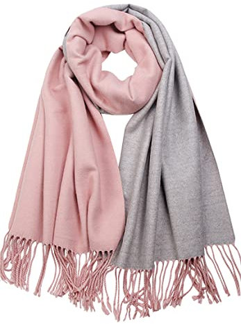CLELLA Schal Damen Warm Herbst Doppelseite Baumwolle mit Quasten Weiche Großer Deckenschal Mehrweg (Pink+Grau)