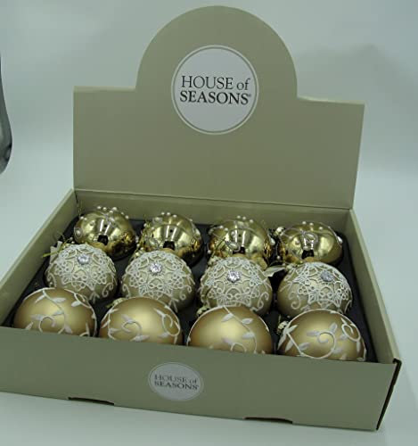 Christbaumkugeln für innen aus Glas ø 8 cm Gold im 12er Set 3 Verschiedene Motive