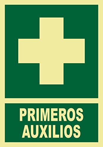 Seribas Señal Primeros Auxilios, Fotoluminiscente Clase B, Cartel PVC 0,7 mm. Tamaño A4 21 x 30 cm, Homologada, Señal Evacuación, Emergencia.