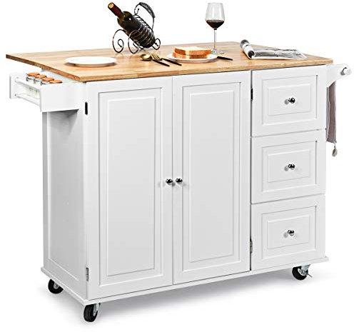 COSTWAY Desserte de Cuisine sur roulettes, Îlot Central Cuisine Plateau en Bois d'Hévéa Pliable, Rangement 3 Tiroirs Étagères Réglables, Support à Épices & Porte-Serviette, 76 x 136 x 91 cm, Blanc