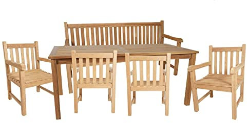 Rattanland | Gartenmöbel Set “Lombardia” aus Teakholz mit einem Tisch, 4 Sesseln und Einer Bank V-legal zertifiziertes Holz