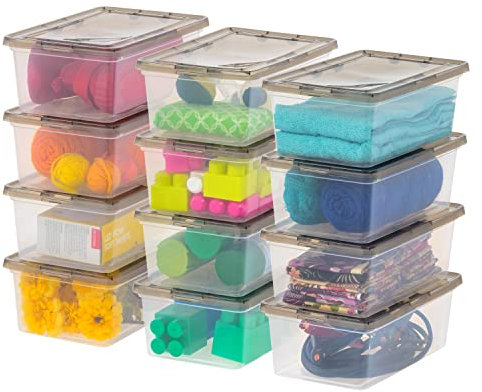 IRIS USA Inc. Aufbewahrungsbehälter aus Kunststoff mit Verriegelungsdeckel, stapelbar, stapelbar, Schuhbox, Schrank, Organisation, Schule, Kunstbedarf, transparent, 12 Stück