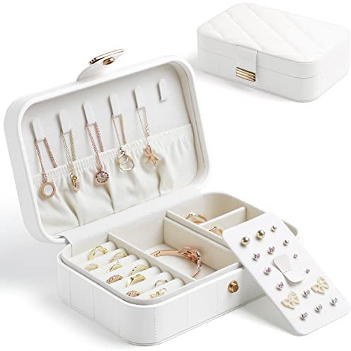KAMIER Reise Schmuckkästchen für Damen, Schmuckaufbewahrung für Ohrringe, Ring, Halskette, klein Schmuckschatulle für Frauen, Mädchen, Ehefrau, Geschenk, Weiß