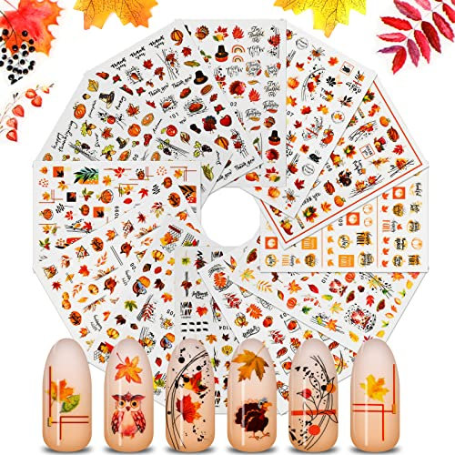 MWOOT 12 PCS Thanksgiving Nail Art Stickers, 3D Self-adhesive Nail Art Stickers Maple Leaf Pumpkin Fall, DIY Nail Decals Stickers Autumn, Manicure Tips Nail Decoration for Women Girls