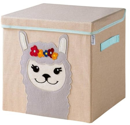 LIFENEY Aufbewahrungsbox mit Deckel und Lama I Spielzeugbox mit Tiermotiv passend für Würfelregale I Ordnungsbox für das Kinderzimmer I Aufbewahrungskorb Kinder