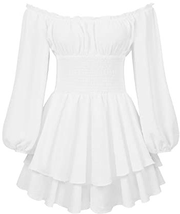 Women's Puff Sleeve Off Shoulder Mini Dress Square Neck Ruffled A Line Flowy Swing Beach Dress Summer Smocked Sundress (White#1, S)