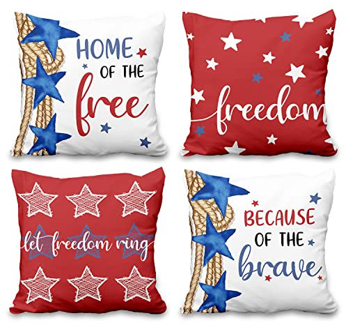 Aoihrraan 50x50cm 4er Set Dekorativ Freiheit Kissenbezug Usa 4 Juli Weiß Und Rot Weicher Kurzer Plüsch Quadratischer Kissenhülleschlafzimmer Wohnzimmer Sofa Draussen Garten Couch Auto Geschenke