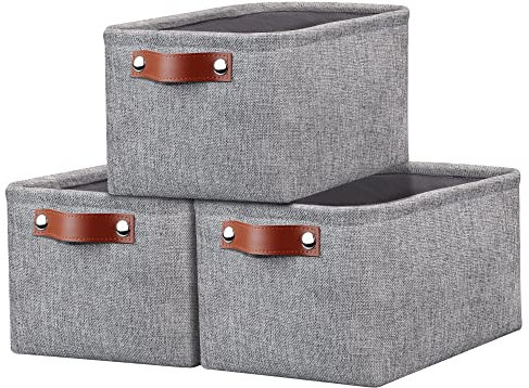 Fabric Storage Boxes Set of 3, Small Canvas Storage Baskets with Handles, Foldable Linen Gift Basket for Shelves, Wardrobe, Toys, Clothes, Office, Nursery (12.2 x 8.3 x 6.3 in, Grey)