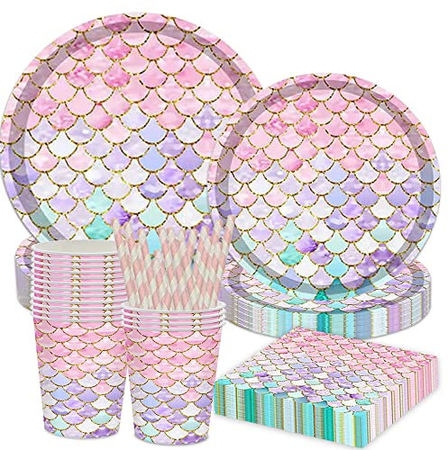 Udbrud Vaisselle de Fête Sirène Set, 84PCS Ensemble de Vaisselle de Fête Décorations de Fête D'anniversaire Sirène Avec Assiettes, Serviettes, Tasses pour Les Filles Anniversaire Baby Shower
