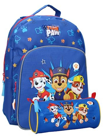 mybagstory - Mochila con diseño de Patrulla Canina (juegos de 2 piezas), juego de niños, escuela primaria, guardería, mochila para niños, talla 30 cm, correas ajustables + estuche - Idea de regalo,