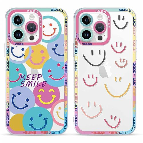 Yoedge 2 Stück Happy Smiley Face HandyHülle für iPhone 15 Pro Max Hülle 6,7, Transparent Smile Gesicht Niedliches Muster Design Aesthetic Case Schutzhülle für iPhone 15 Pro Max Mädchen Frauen Cover