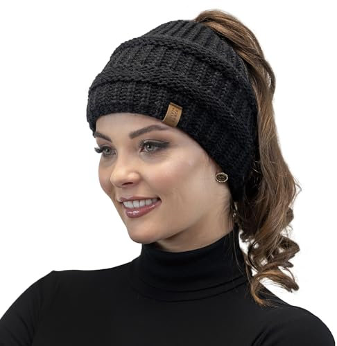 VIVISENCE Damen Winter Mütze Mit Pferdeschwanzöffnung Flexiblem Gummiband Herbst Warme Beanie Perfekt Für Kalte Wintertage Modell 7075, Schwarz,Einheitsgröße