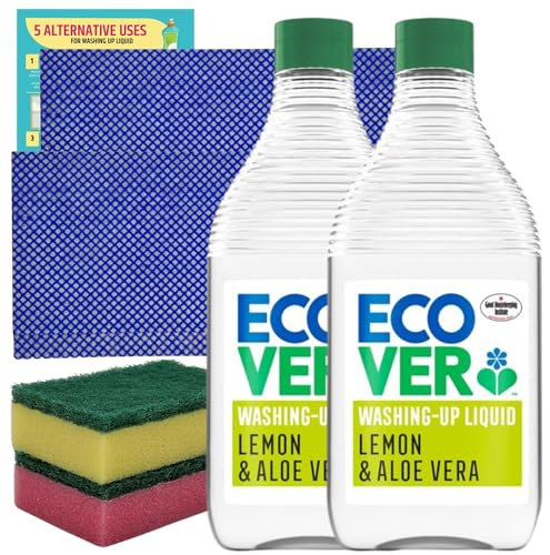 Eco Washing Liquid Bundle with 2x Ecover Washing up Liquid Lemon & Aloe Vera 450ml, 2x Sponge Scourer, 2x All Purpose Cloths and 1x JenBurr leaflet