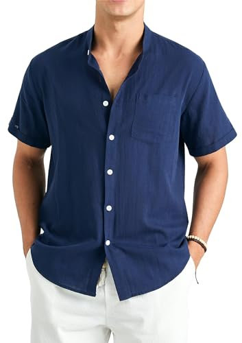 Enlision Mens Cotton Linen Shirts Navy Blue Short Sleeve Grandad Collarless Shirts for Men Button Down Loose Fit Summer Beach Holiday Henley Tops 4XL