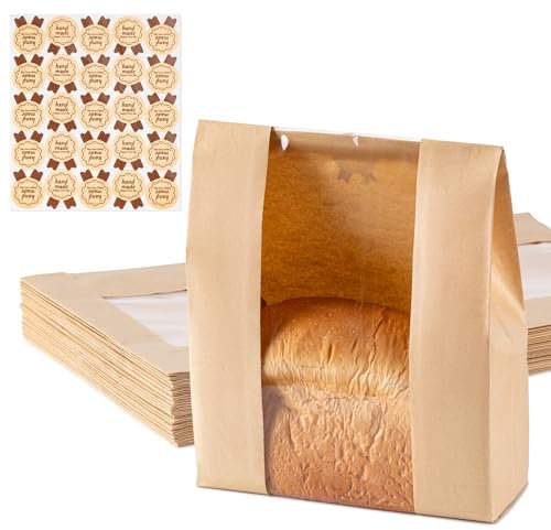 Papier-Brotbeutel, 25 Stück, Sauerteig-Brotbeutel für hausgemachtes Brot, große Bäckereibeutel mit Fenster, inklusive 25 Etiketten-Siegel-Aufkleber für hausgemachtes Brot (34,8 x 21,1 x 8,9 cm)
