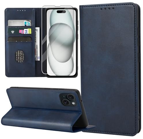 ZYIMOU Handyhülle für iPhone 15 Hülle mit Schutzfolie, Leder Schutzhülle Standfunktion Kartenfach Wallet Klapphülle iPhone 15 Flip Case Cover, Blau