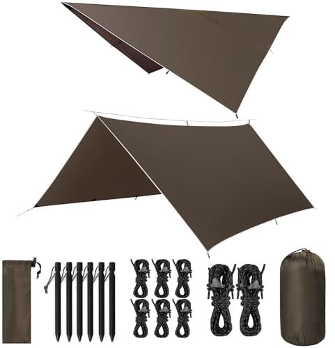 VOSOIR Toldo Camping 3X3M Impermeable, Ultraligero y Portátil Toldo de Refugio, Tienda de Campaña Hamaca, Protección UV, Anti Desgarro, Tarp para Picnic Pesca Camping Senderismo(Marrón Oscuro)
